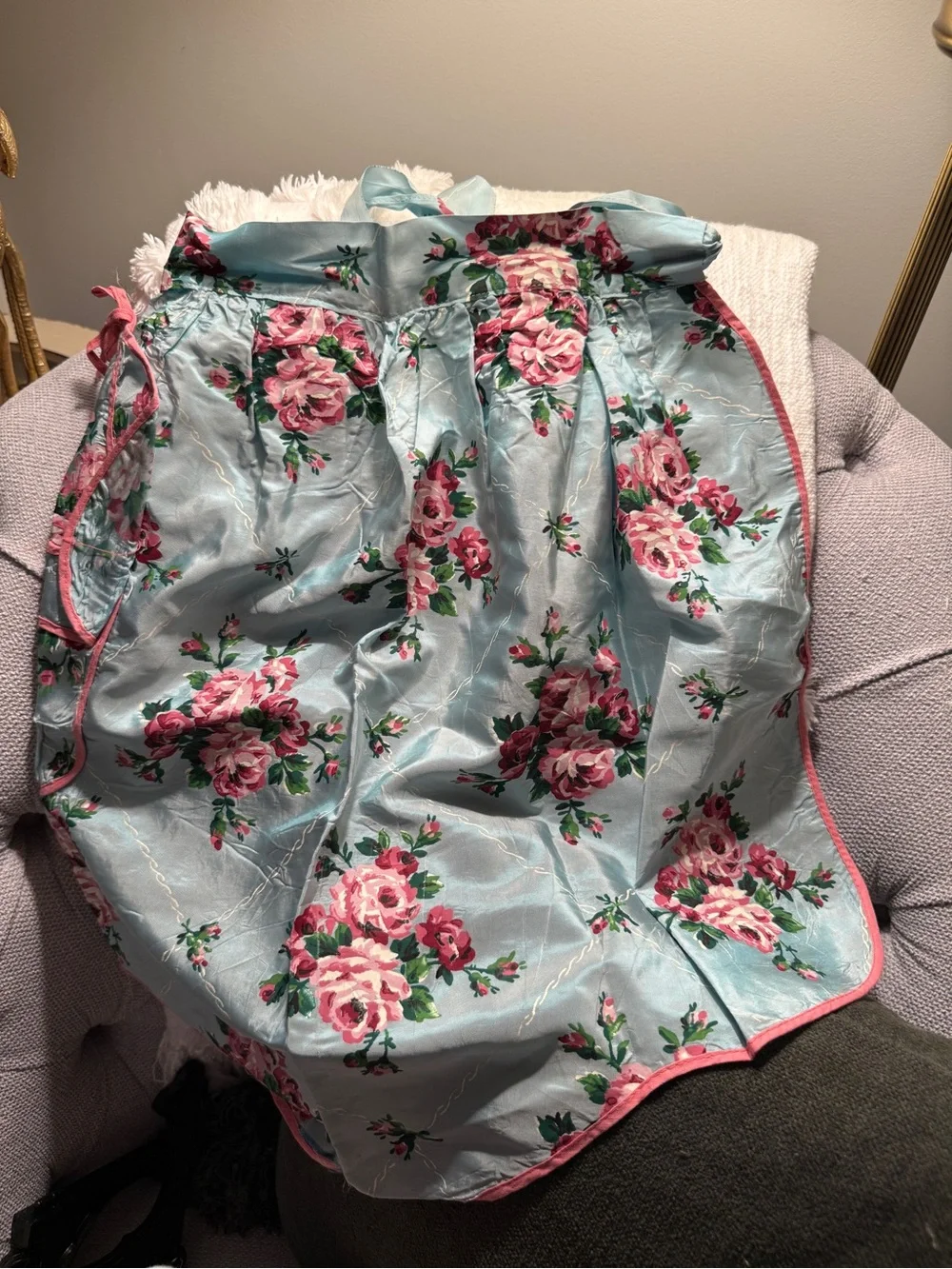 Vtg. Blue Pink Rose Half Apron Cottagecore Floral Pocket Retro Kitchen Hostes